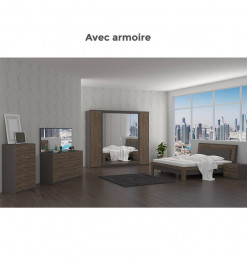 Chambre à coucher lit 180x200 cm, Commode, Armoire, 2 chev, Miroir, bois gris