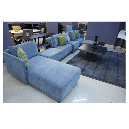 Sofa 3 places + 1 place + 1 fauteuil +table basse + table de coin  en tissu bleu gris