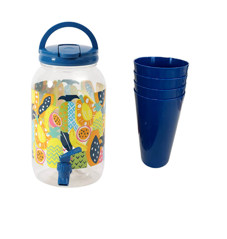 Distributeur de boisson design fruits 3.8L + 4 gobelets bleu foncé en plastique | Distributeurs de boisson & mugs avec paille...