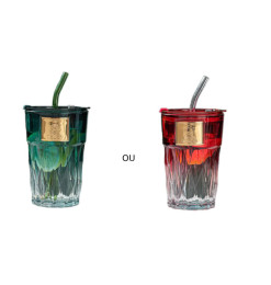 Verre 420 ml avec couvercle et paille en verre coloré | Verres & carafes | 2 200 FCFA , dakar, Sénégal