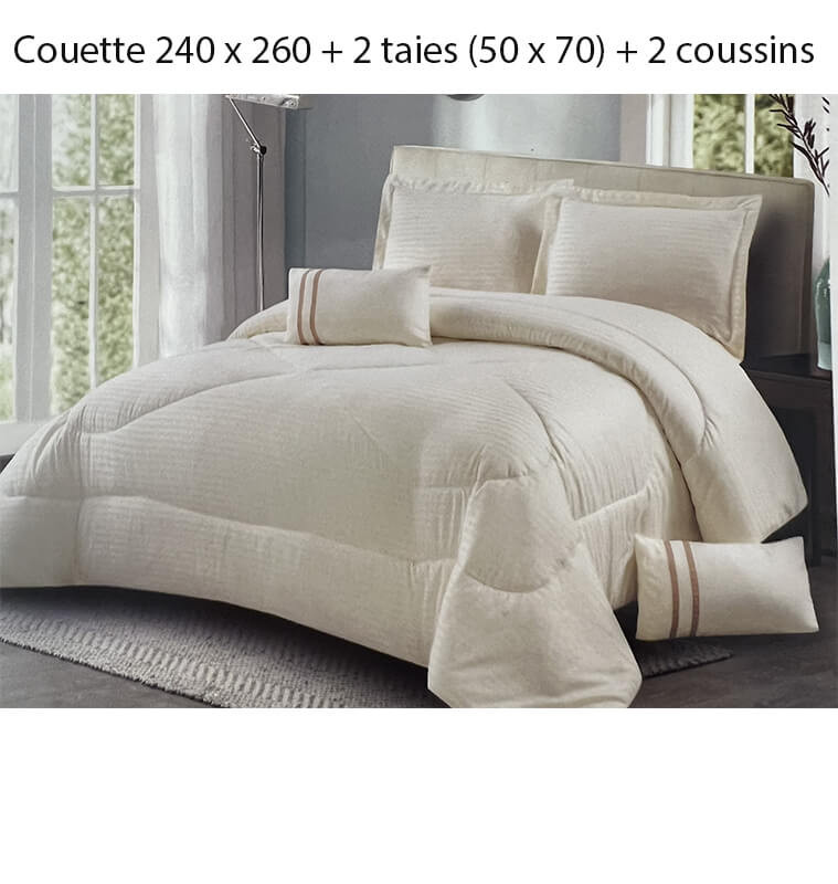 Couette 240 x 260 cm crème rayures en microfibre 105GSM Filling 200GS + 2 taies d'oreillers 50X70cm + 2 coussins 30X50 cm | L...