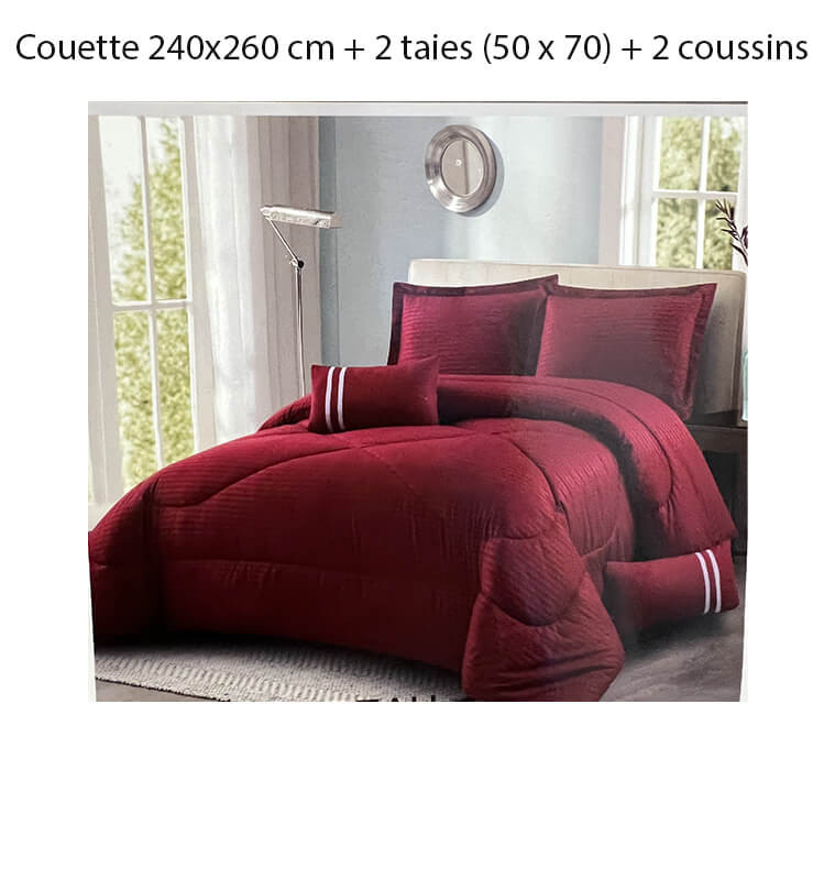 Couette 240x260 cm rouge bordeaux rayures microfibre 105GSM Filling 200GS + 2 taies d'oreillers 50X70cm + 2 coussins 30X50 cm...