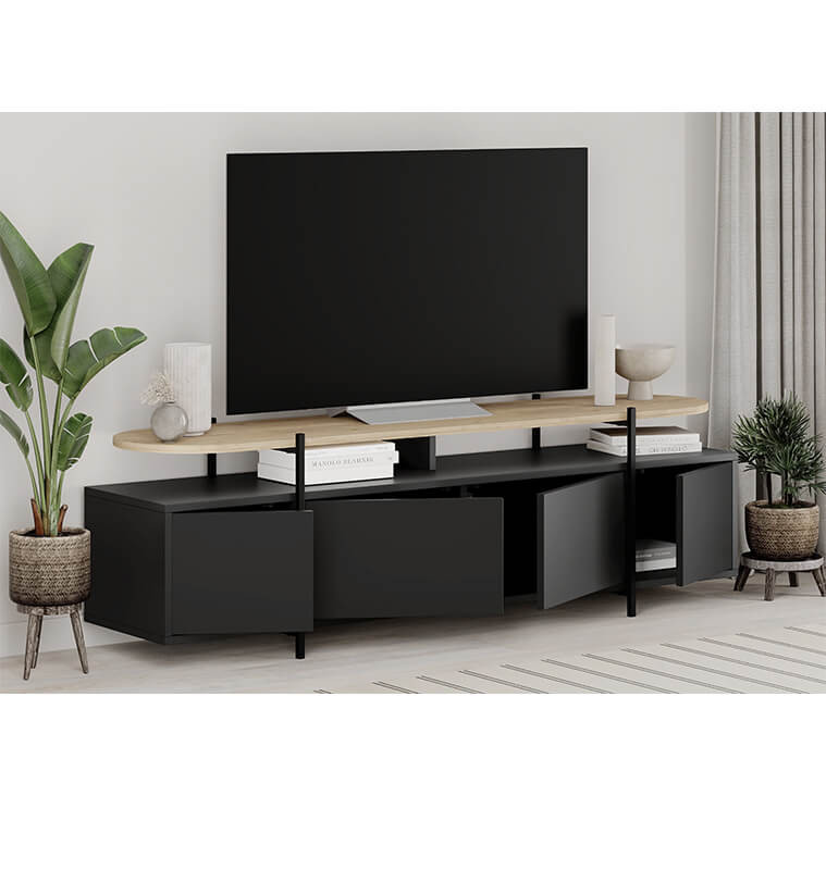 Meuble Tv Silky en bois mélamine naturel et noir et pieds métal, 160X38.5X48 cm | 215 000 FCFA , Dakar