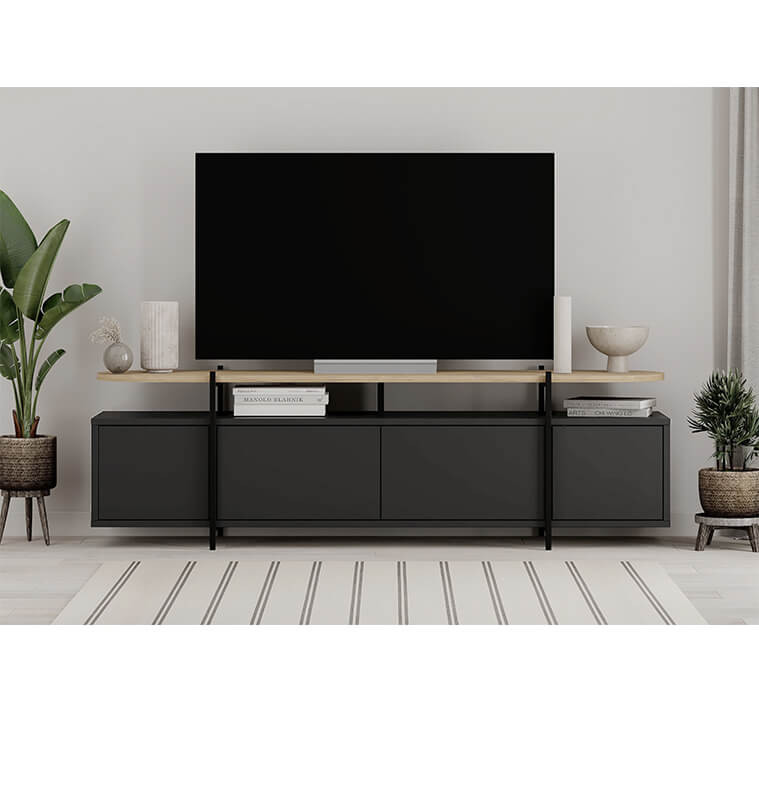 Meuble Tv Silky en bois mélamine naturel et noir et pieds métal, 160X38.5X48 cm | 215 000 FCFA , Dakar