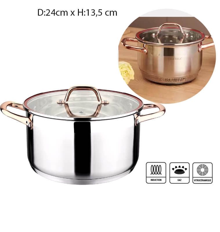 Casserole 24 cm en inox de haute qualité et couvercle en verre et doré | Casseroles & faitouts | 27 500 FCFA , dakar, Sénégal