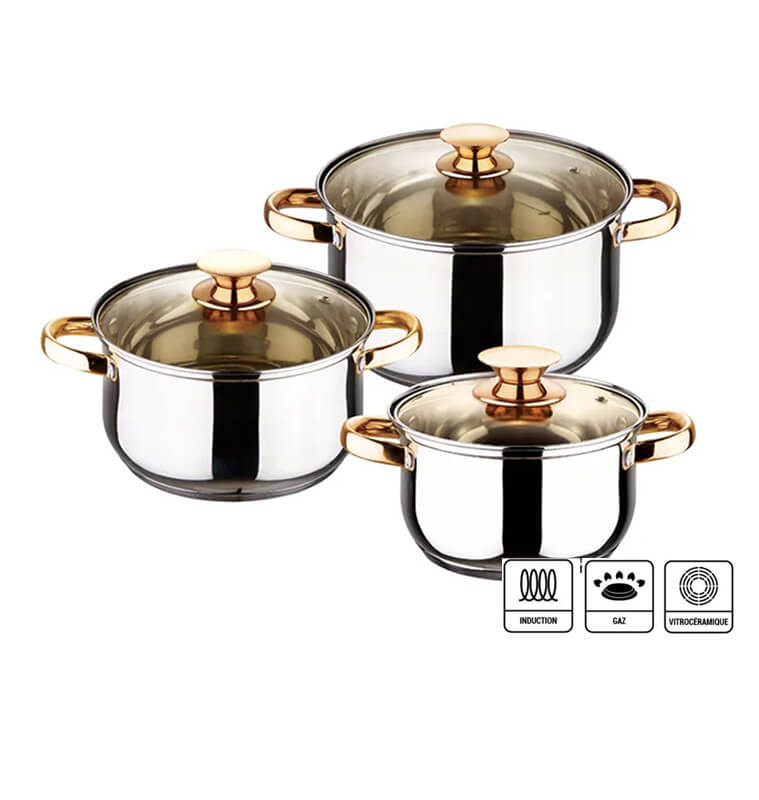 Coffret casseroles 3 Pcs en Inox de haute qualité et couvercle verre, bouton cuivre | Batteries de cuisine & coffrets  | 43 0...