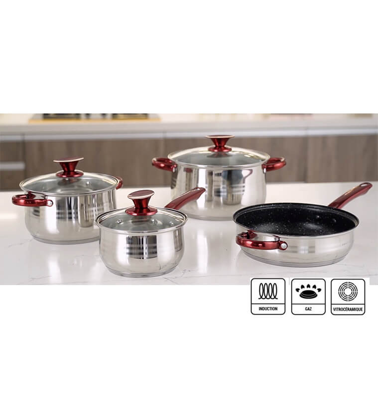 Batterie de cuisine 4 Pcs en Inox et couvercle verre, poignée rouge | Batteries de cuisine & coffrets  | 60 000 FCFA , dakar,...