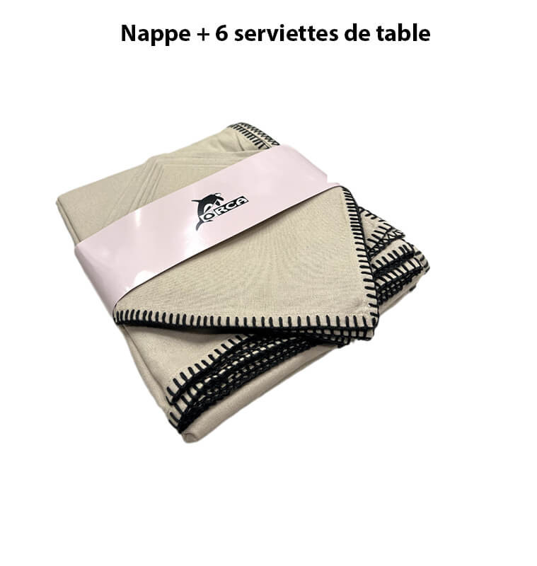 Nappe de table 150x250 cm + 6 serviettes de table 40x40 cm beige en coton 100%, bordure noire | Nappes & serviettes de table ...