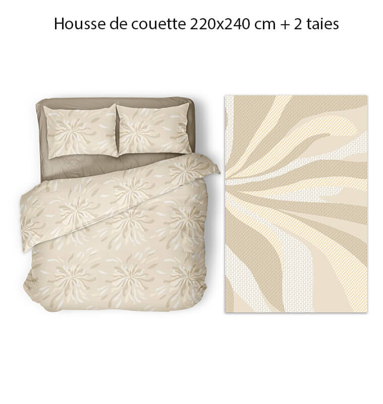 Housse de couette 220x240 cm en 100% percale coton 70 fils beige à motif fleurs+ 2 taies | Linge de lit , Dakar, Sénégal