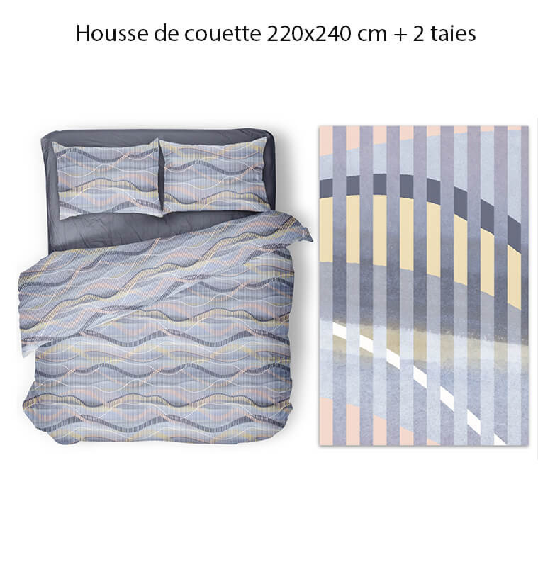 Housse de couette 220x240 cm en 100% percale coton 70 fils, tons jaune, orange et gris + 2 taies | Linge de lit , Dakar, Sénégal