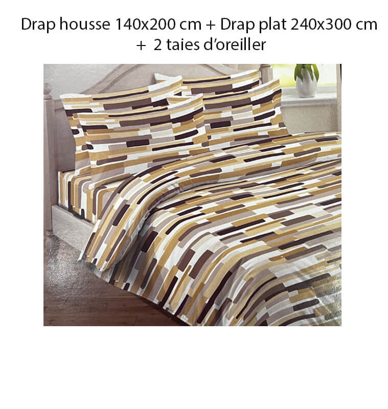 Parure de lit 140x200, 4 Pcs (drap housse, drap plat et 2 taies) en percale de coton 100% 70 fils moutarde et marron | Linge ...