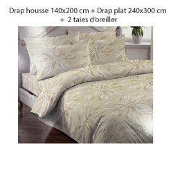 Parure de lit 140x200, 4 Pcs (drap housse, drap plat et 2 taies) en percale de coton 100% 70 fils beige motif fleurs | Linge ...