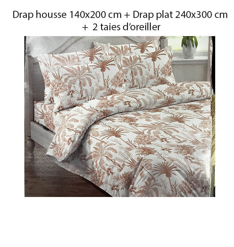 Parure de lit 140x200, 4 Pcs (drap housse, drap plat et 2 taies) en percale de coton 100% 70 fils pêche motif palmier | Linge...