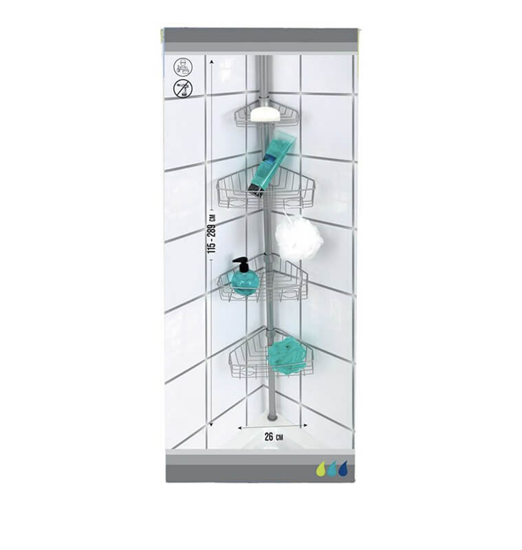 Colonne télescopique de douche à 4 paniers en métal peint gris, hauteur ajustable 289 cm | Meubles & étagères salle de bain |...
