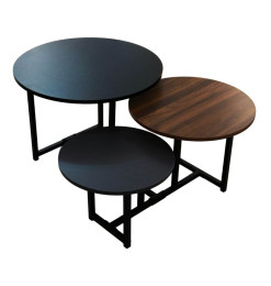 Trio de tables à café gigognes finitions noyer et gris  – Diam. 60 + 48 + 40 cm