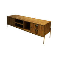 Meuble TV  bois naturel, poignées et pieds bronze antique, 140x40x45 cm