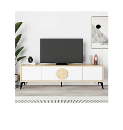 Meuble TV en mélamine - Design contemporain, finition chêne et blanc, 180X35.7X50.8 cm 