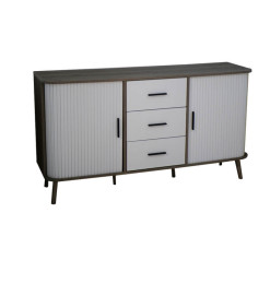 Buffet façades blanches nervurées et structure bois, 140x40x76 cm