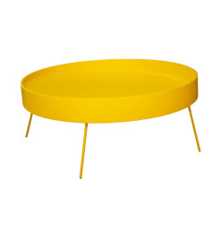 Table basse ronde finition jaune éclatant design moderne et minimaliste, 100 x 100 x 44 cm