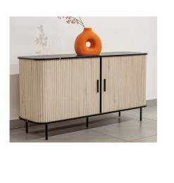 Buffet bas design en bois clair nervuré et plateau noir, 140x40x72 cm