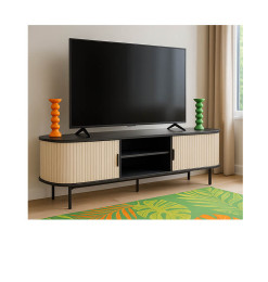Meuble TV en bois clair nervuré et plateau noir, 140x40x45 cm