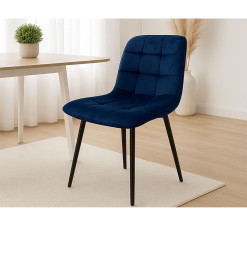 Chaise en velours bleu matelassé et pieds noirs métal – 56x44x86,5 cm