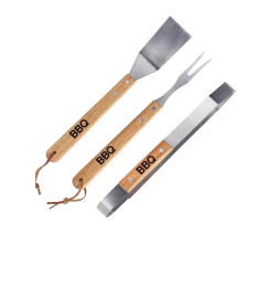 Ustensile barbecue en inox et bois - Set de 3