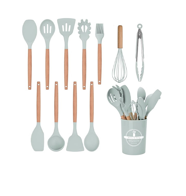 Ustensiles de cuisine en silicone vert et bambou avec support - 11 Pcs | Ustensiles de cuisine | 7 100 CFA , dakar, Sénégal