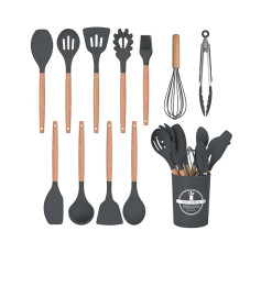 Ustensiles de cuisine en silicone noir et bambou avec support - 11 Pcs | Ustensiles de cuisine | 7 100 CFA , dakar, Sénégal