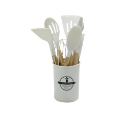 Ustensiles de cuisine en silicone blanc et bambou avec support - 11 Pcs | Ustensiles de cuisine | 7 100 CFA , dakar, Sénégal