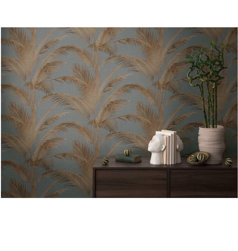 Papier peint intissé motif de palmiers, gris, rouille et métallique, L:10,05m x l:53 cm | Papiers peints , Dakar, Sénégal