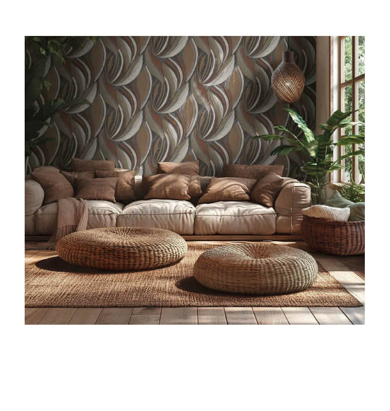 Papier peint intissé, motif feuilles courbes marron, noir et gris avec effet métallique - L:10,05m x l:53 cm | Papiers peints...