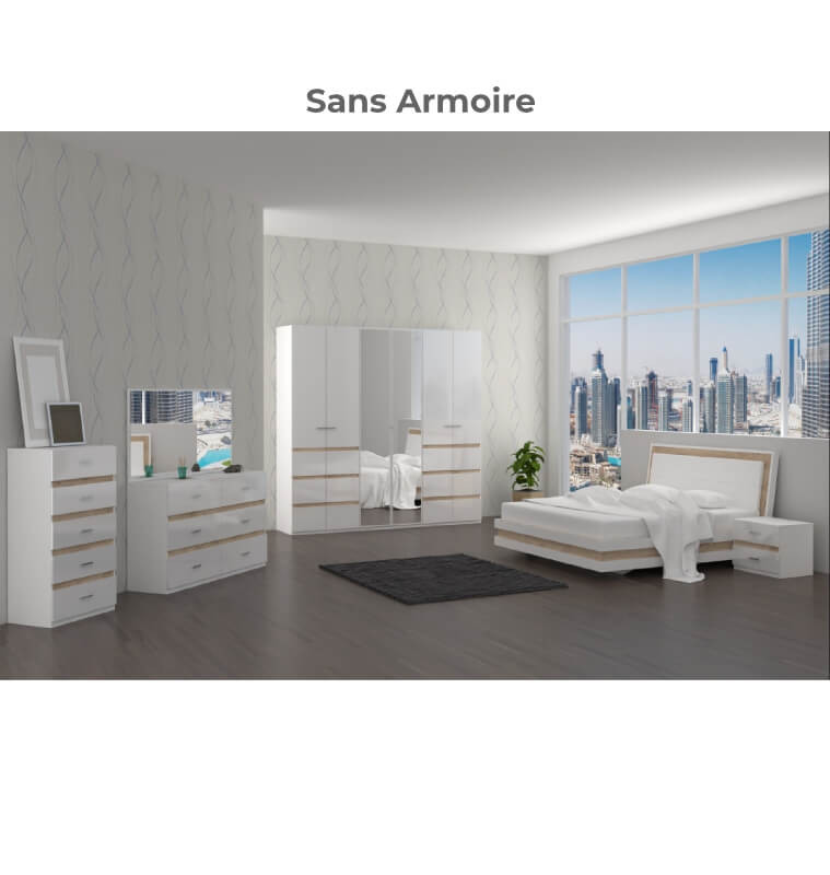 Lit Anona 180x200 cm, Commode, 2 chev, Miroir, bois blanc | 895 000 CFA | à Dakar