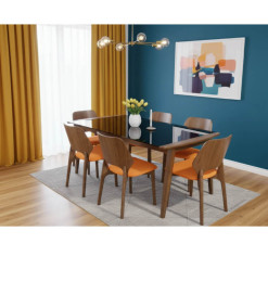 Table à manger plateau en verre fumé + 6 chaises orange, 180x75x90cm | 732 000 CFA | à Dakar