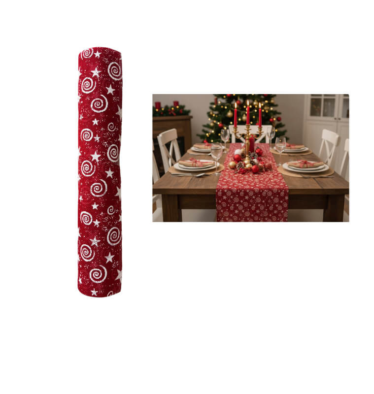 Rouleau tissu jute décoratif rouge à motifs blancs, 36×270 cm |Art de la table Noël |2 500 CFA ,Dakar, Sénégal