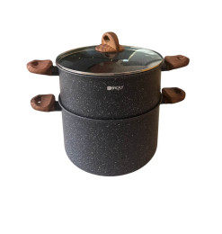 Couscoussier 26 cm en aluminium antiadhésif effet granit avec couvercle en verre et poignées bois | Autocuiseurs, couscoussie...