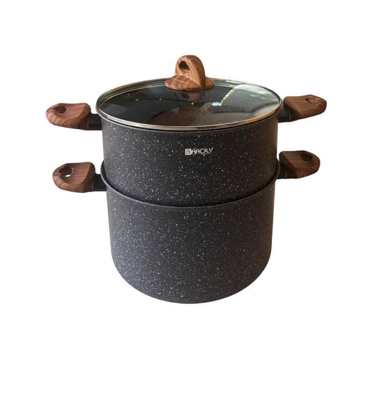 Couscoussier 26 cm en aluminium antiadhésif effet granit avec couvercle en verre et poignées bois | Autocuiseurs, couscoussie...