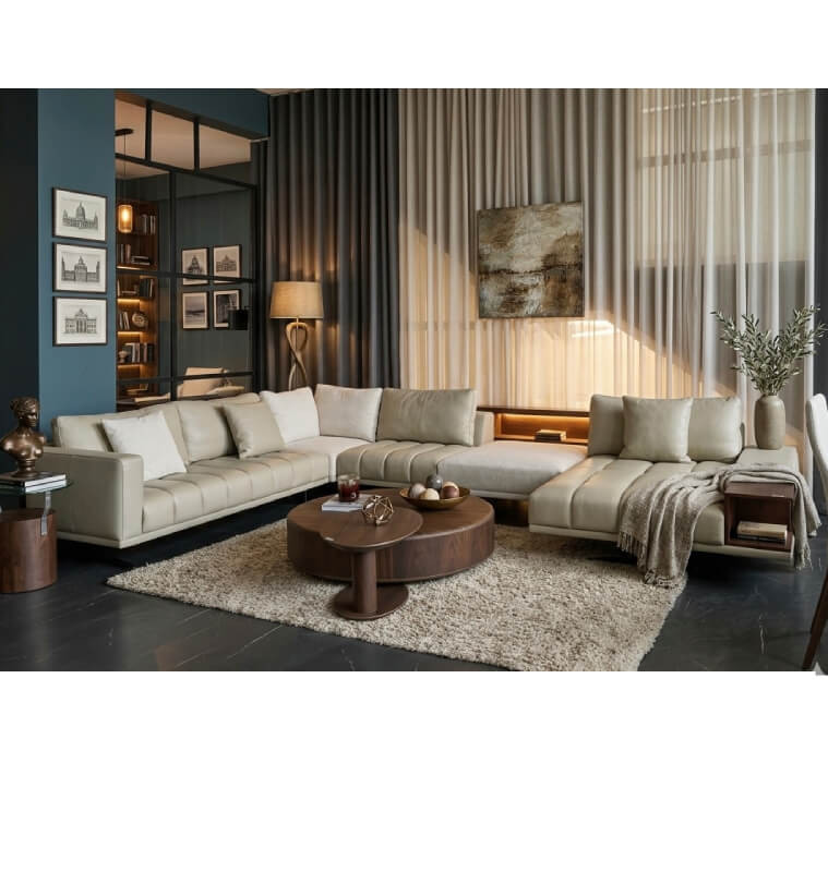 Salon d'angle cuir + split et tissu, split 455 x 295 x 105 cm + 3 coussins | 3 930 000 CFA | à Dakar