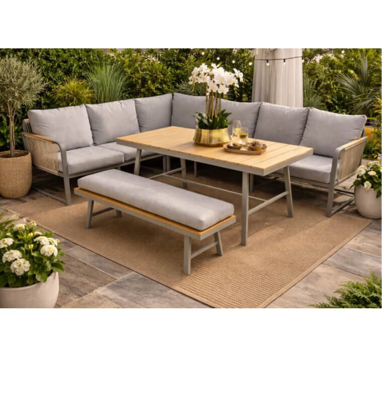 Salon d’angle jardin avec table haute et banc en alu et tissus taupe | Salons de jardin | 1 020 000 CFA , dakar, Sénégal