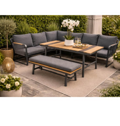 Salon d’angle jardin avec table haute et banc en alu et tissus gris foncé | Salons de jardin | 1 020 000 CFA , dakar, Sénégal