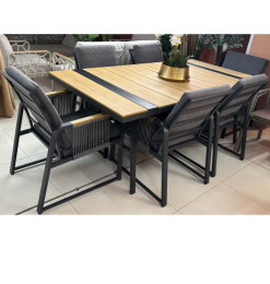 Table à manger + 6 chaises en alu et bois et tissus gris foncé, 200X100X74 cm | Tables & tables à manger de jardin | 1 020 00...