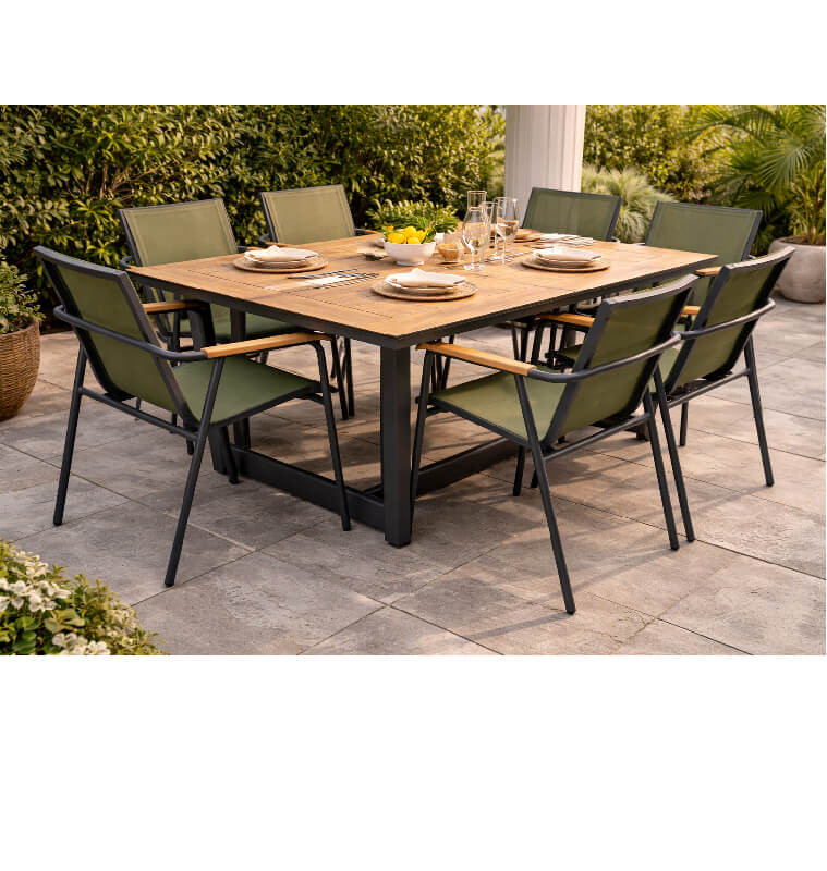 Table à manger + 6 chaises vertes en aluminium et hpl top, 200x100x75 cm | Tables & tables à manger de jardin | 915 000 CFA ,...