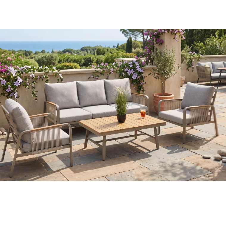 Salon de jardin 3 + 1+ 1 en alu, bois et tissus taupe/beige + table basse | Salons de jardin | 735 000 CFA , dakar, Sénégal