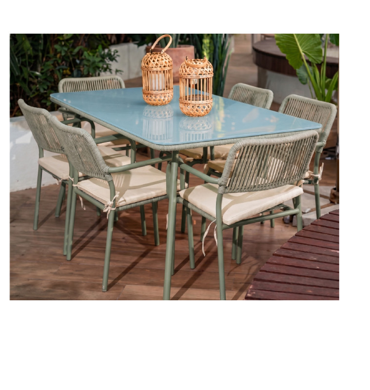 Table de jardin 160X90X74.5 cm + 6 chaises en Aluminium vert + coussins crème waterproof | Tables & tables à manger de jardin...