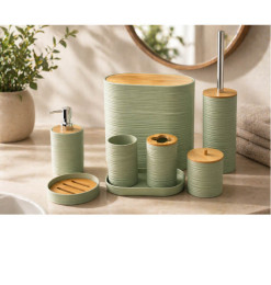 Ensemble salle de bain plastique vert clair et bambou | Accessoires salle de bain | 15 800 CFA , dakar, Sénégal
