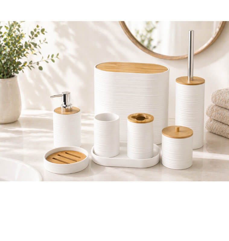 Ensemble salle de bain plastique blanc et bambou | Accessoires salle de bain | 15 800 CFA , dakar, Sénégal