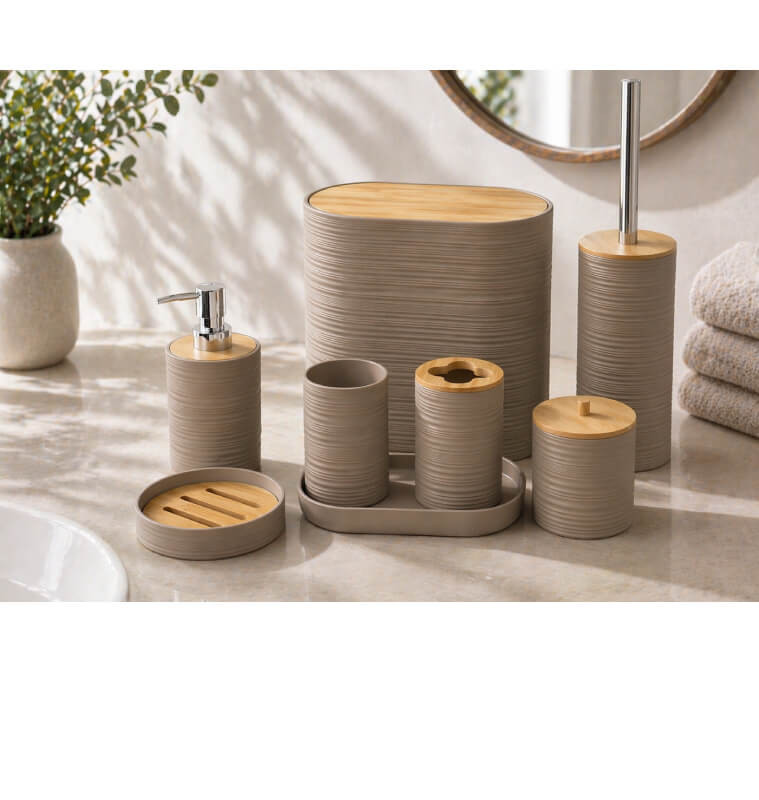 Ensemble salle de bain plastique taupe et bambou | Accessoires salle de bain | 15 800 CFA , dakar, Sénégal