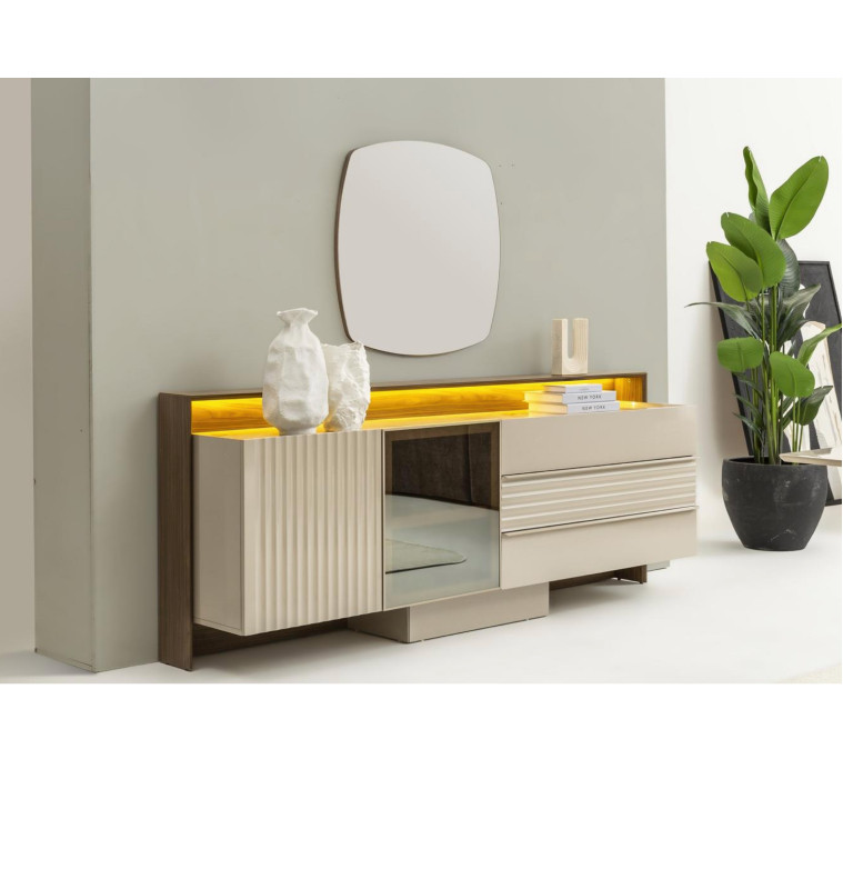 Buffet avec miroir et LED 220 x 49 x 88 cm blanc, beige et gris | 755 000 CFA | à Dakar