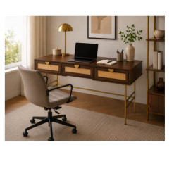 Bureau 140 x 60 x 76 cm noyer et cannage tressé naturel