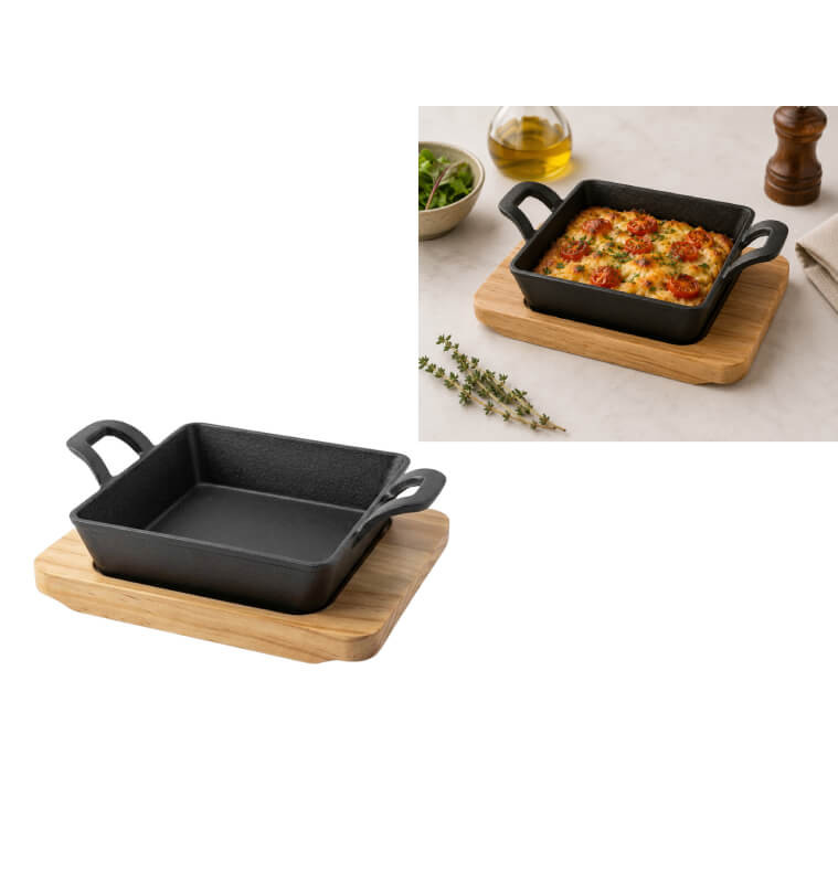 Poêlon carré en fonte avec dessous de plat en bois 12,5 x 12,5 cm | Poêles | 6 800 CFA , dakar, Sénégal
